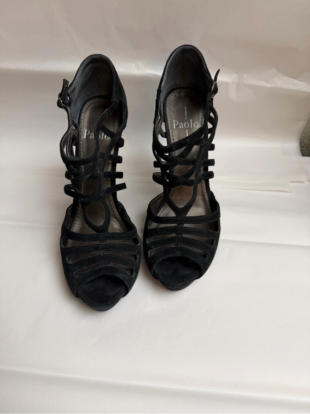 Paolo Black Strappy Open-Toe Heels with Ankle Buckle